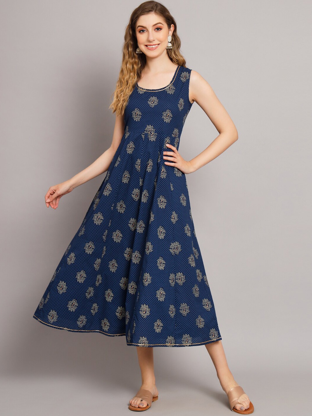 

KALINI Round Neck Ethnic Motifs Fit and Flare Midi Dress, Blue