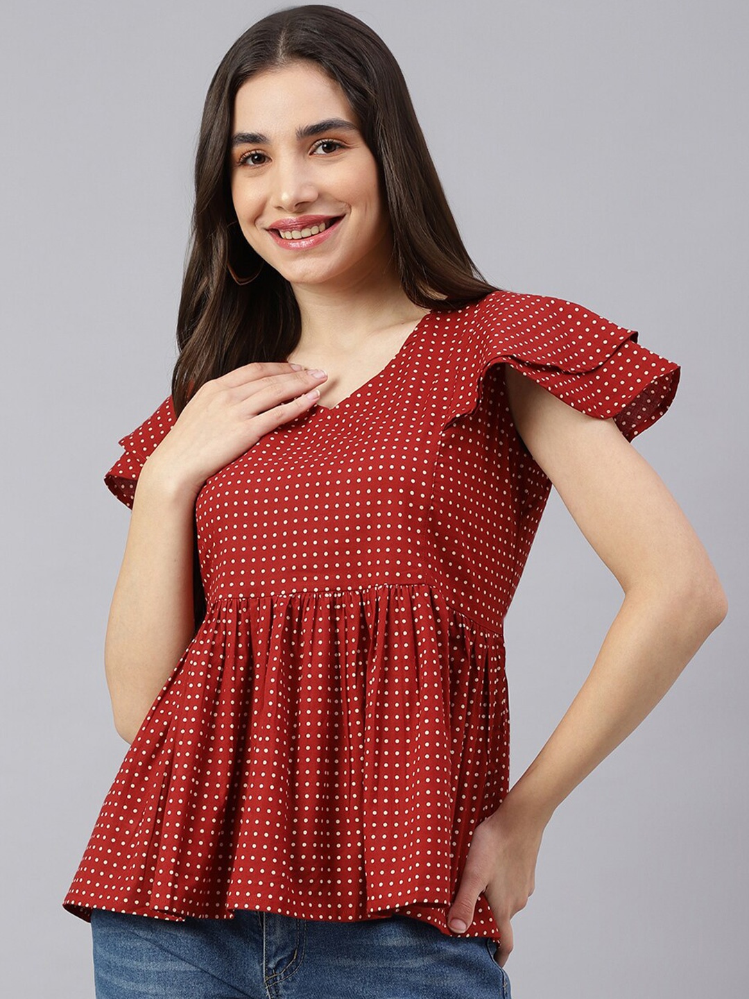 

KALINI Polka Dot Printed Flutter Sleeves Cotton Peplum Top, Maroon