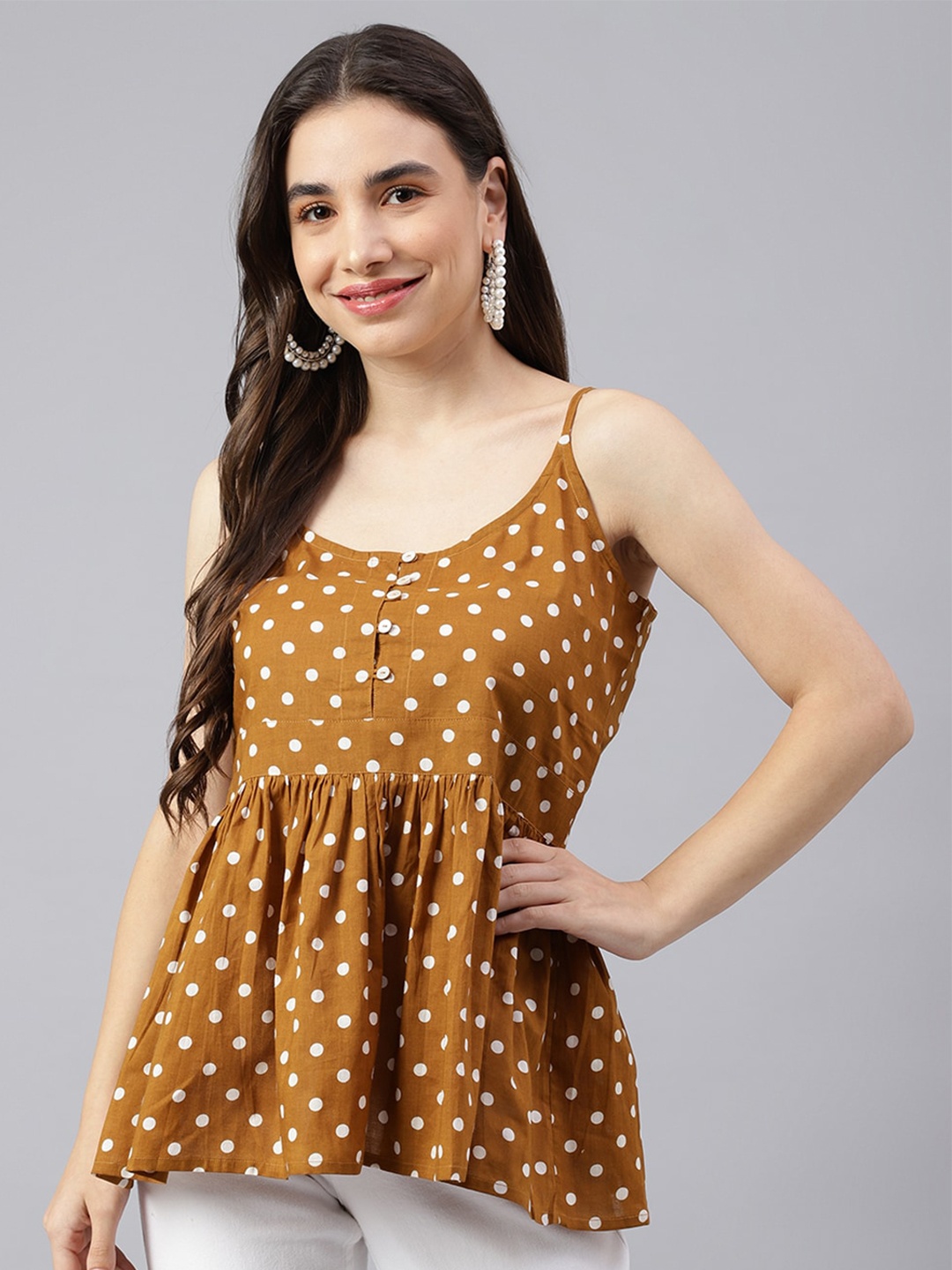 

KALINI Polka Dot Printed Shoulder Straps Cotton Top, Brown