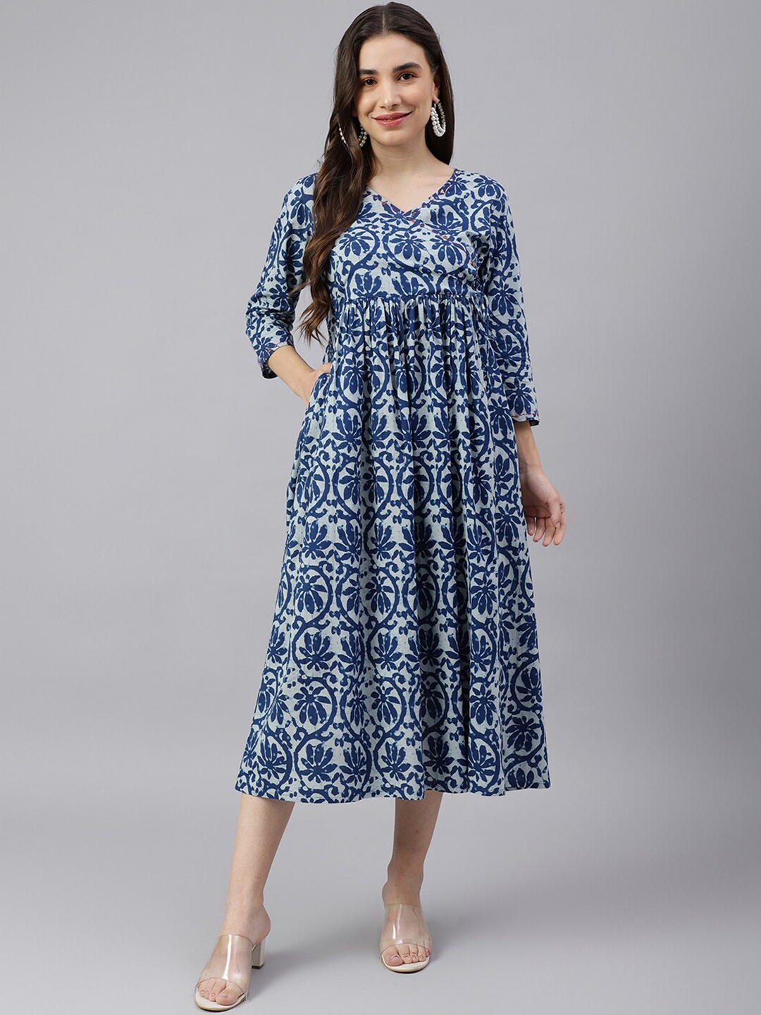 

KALINI V-Neck Ethnic Motifs A-Line Midi Dress, Blue