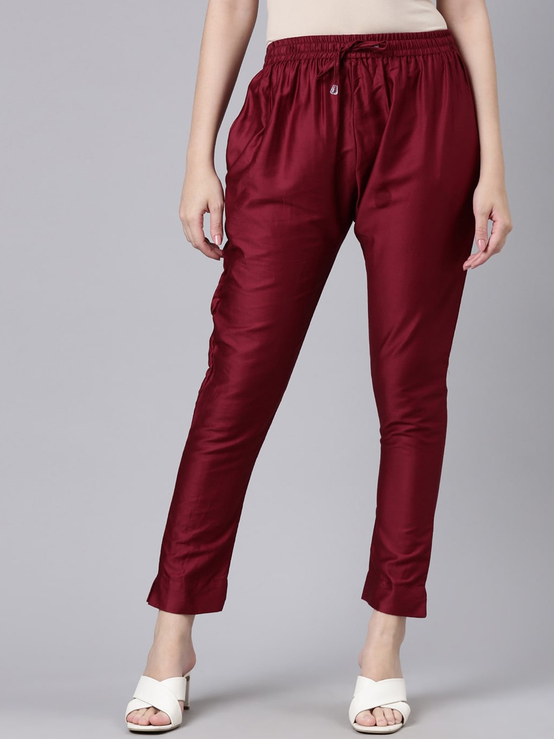 

GOLDSTROMS Women Mid Rise Cotton Satin Trousers, Maroon