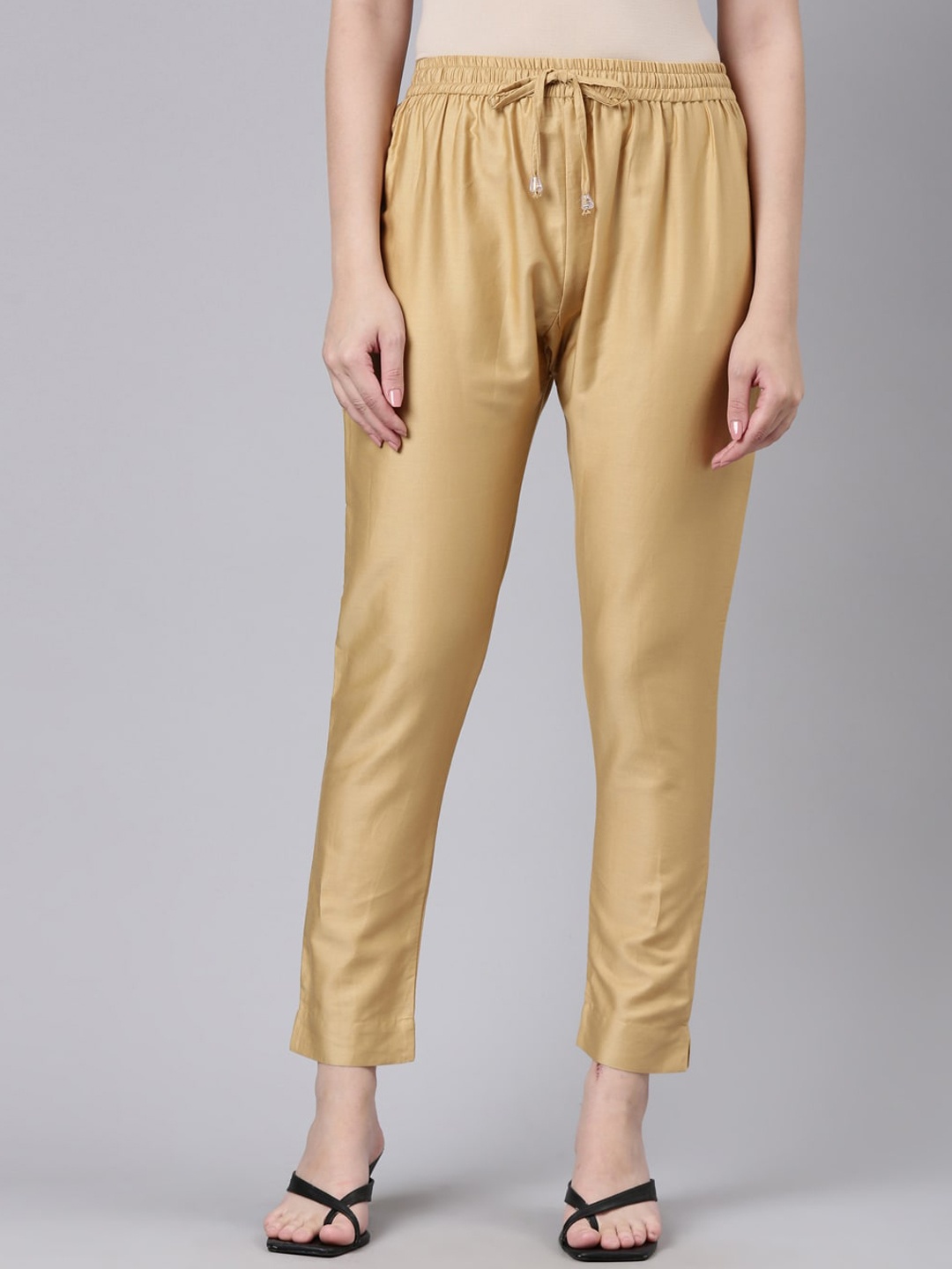 

GOLDSTROMS Women Mid Rise Cotton Satin Trousers, Gold