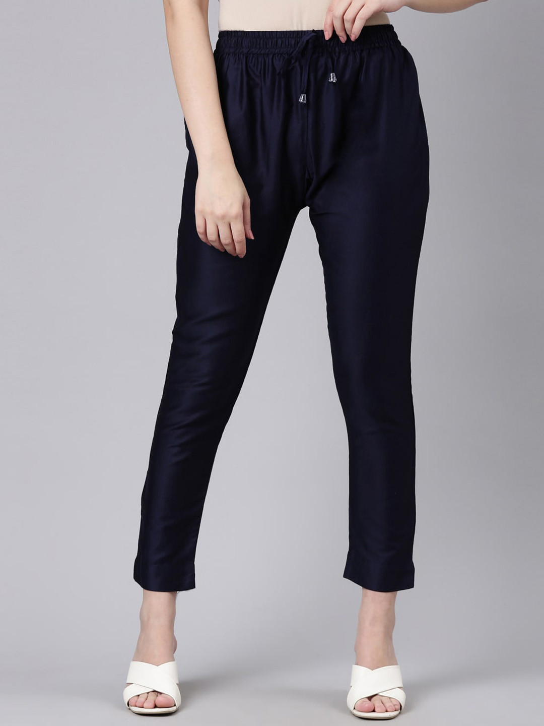 

GOLDSTROMS Women Mid Rise Cotton Satin Trousers, Navy blue