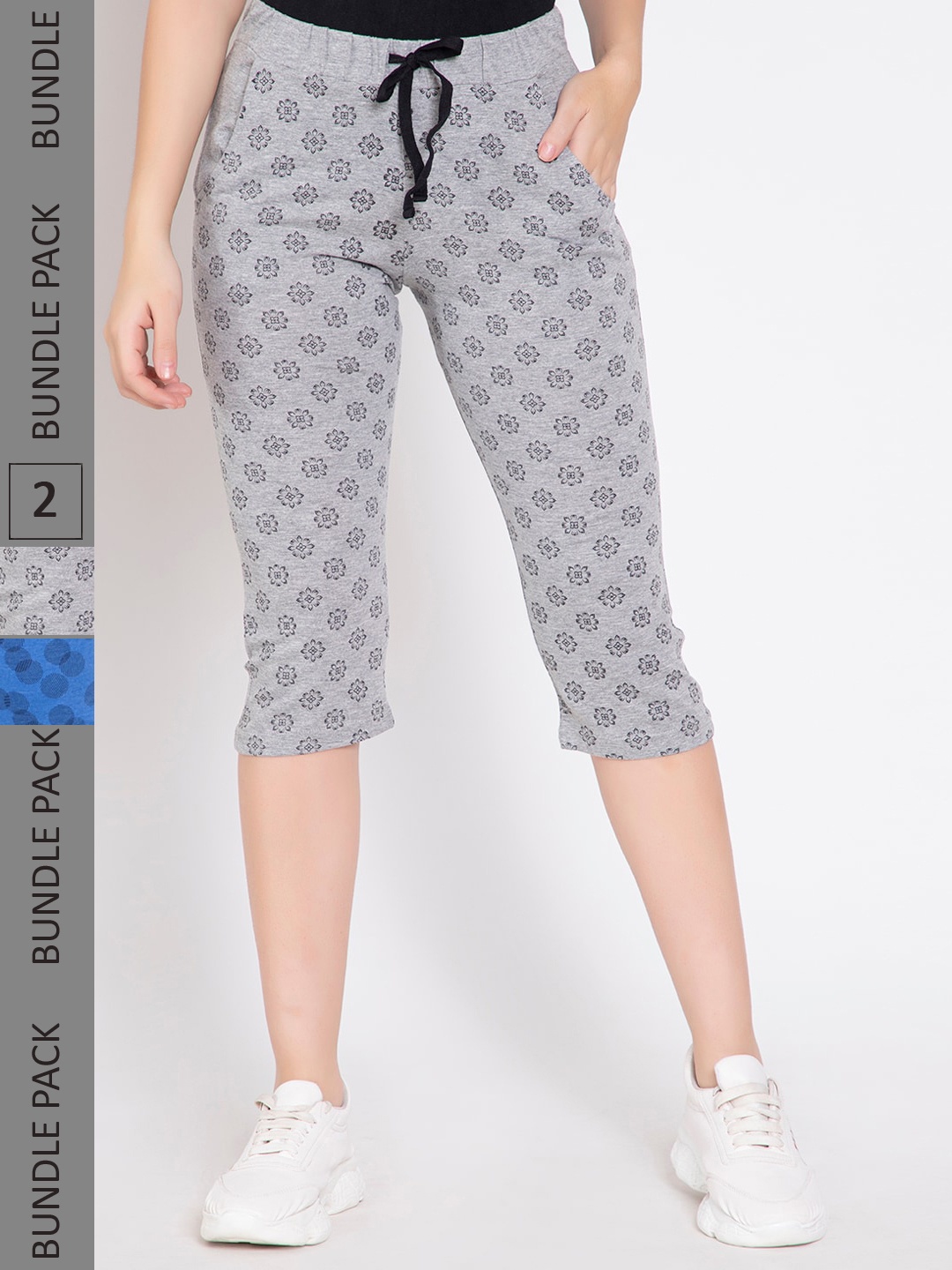 

FEMEA Women Pack Of 2 Mid-Rise Printed Skinny Fit Cotton Capris, Grey