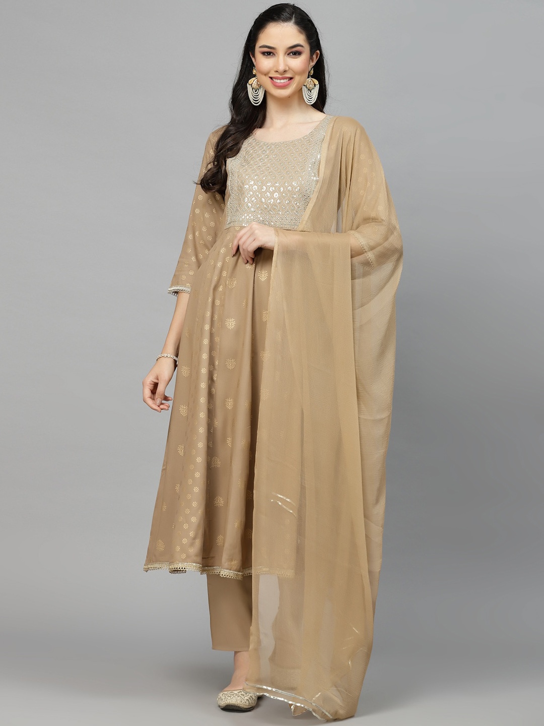 

Stylum Beige Ethnic Motifs Sequinned Embroidered Kurta With Trousers & Dupatta