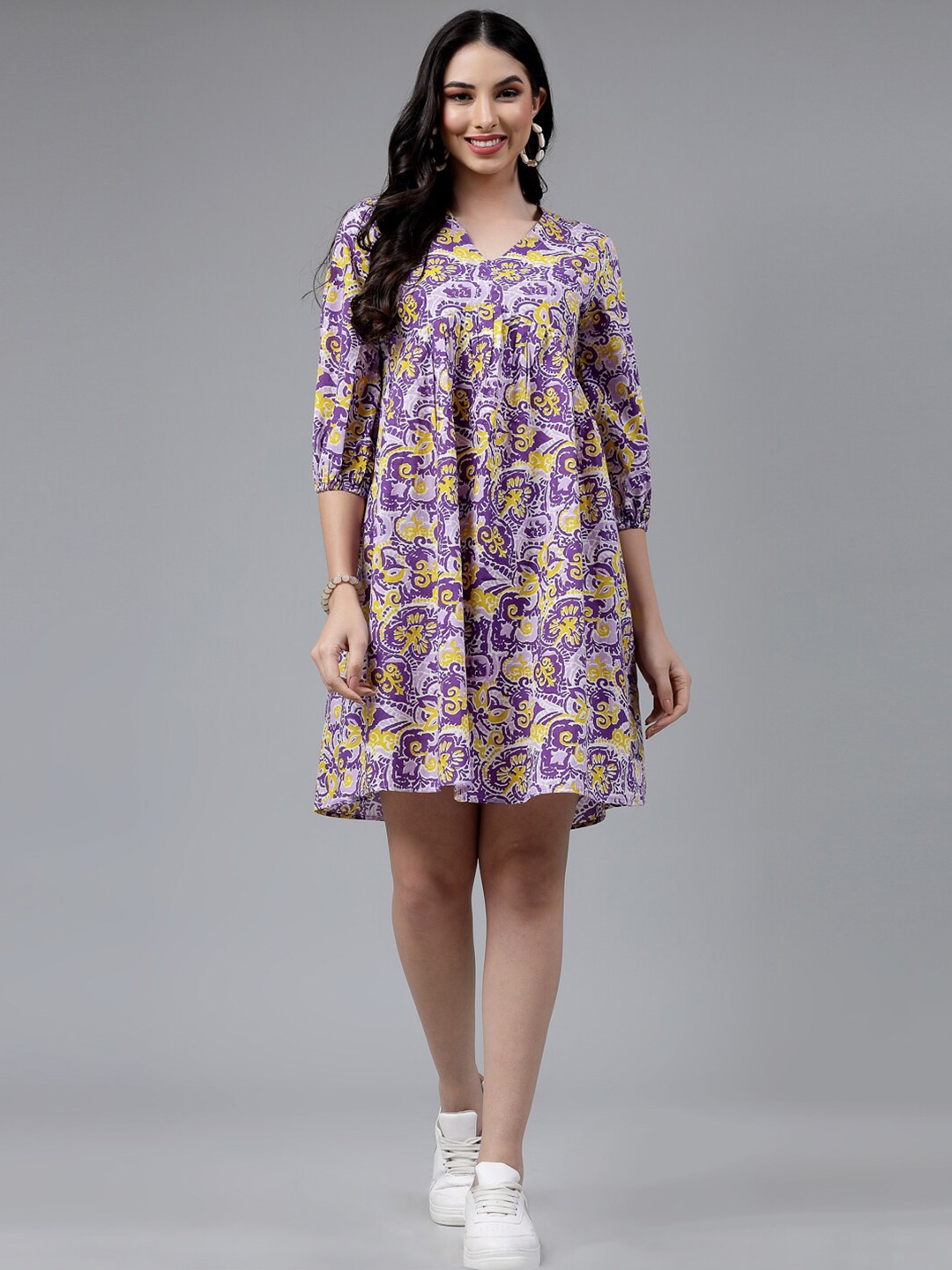 

Stylum Purple Ethnic Motifs Printed V-Neck Puff Sleeve Pure Cotton A-Line Dress