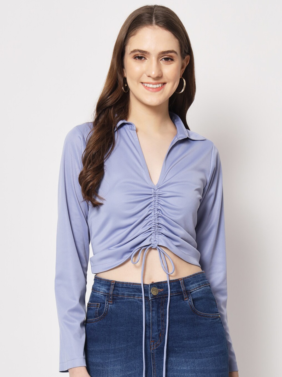 

Trend Arrest Shirt Collar Ruched Crepe Top, Blue