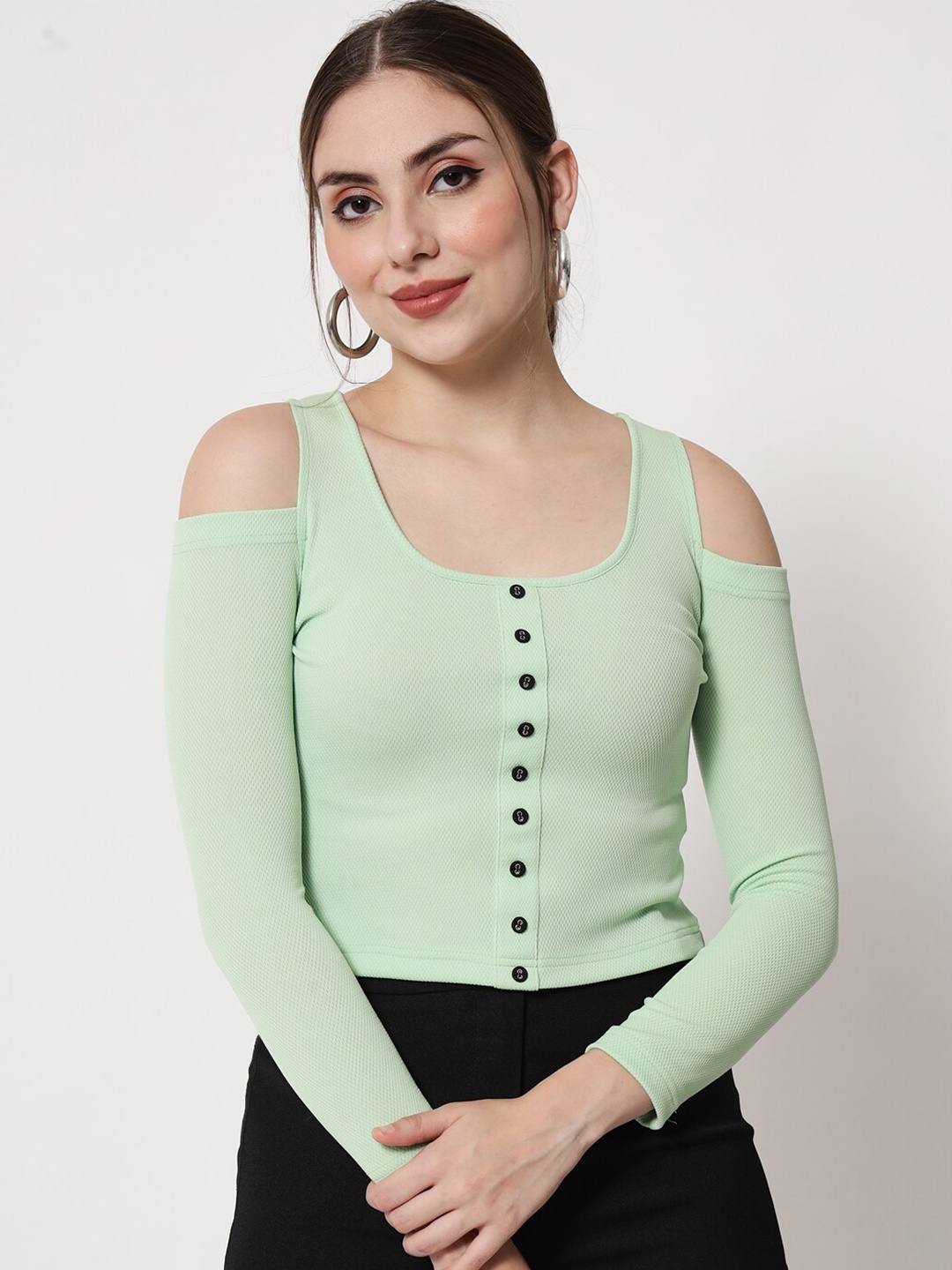 

Trend Arrest Cold-Shoulder Crepe Bardot Crop Top, Green