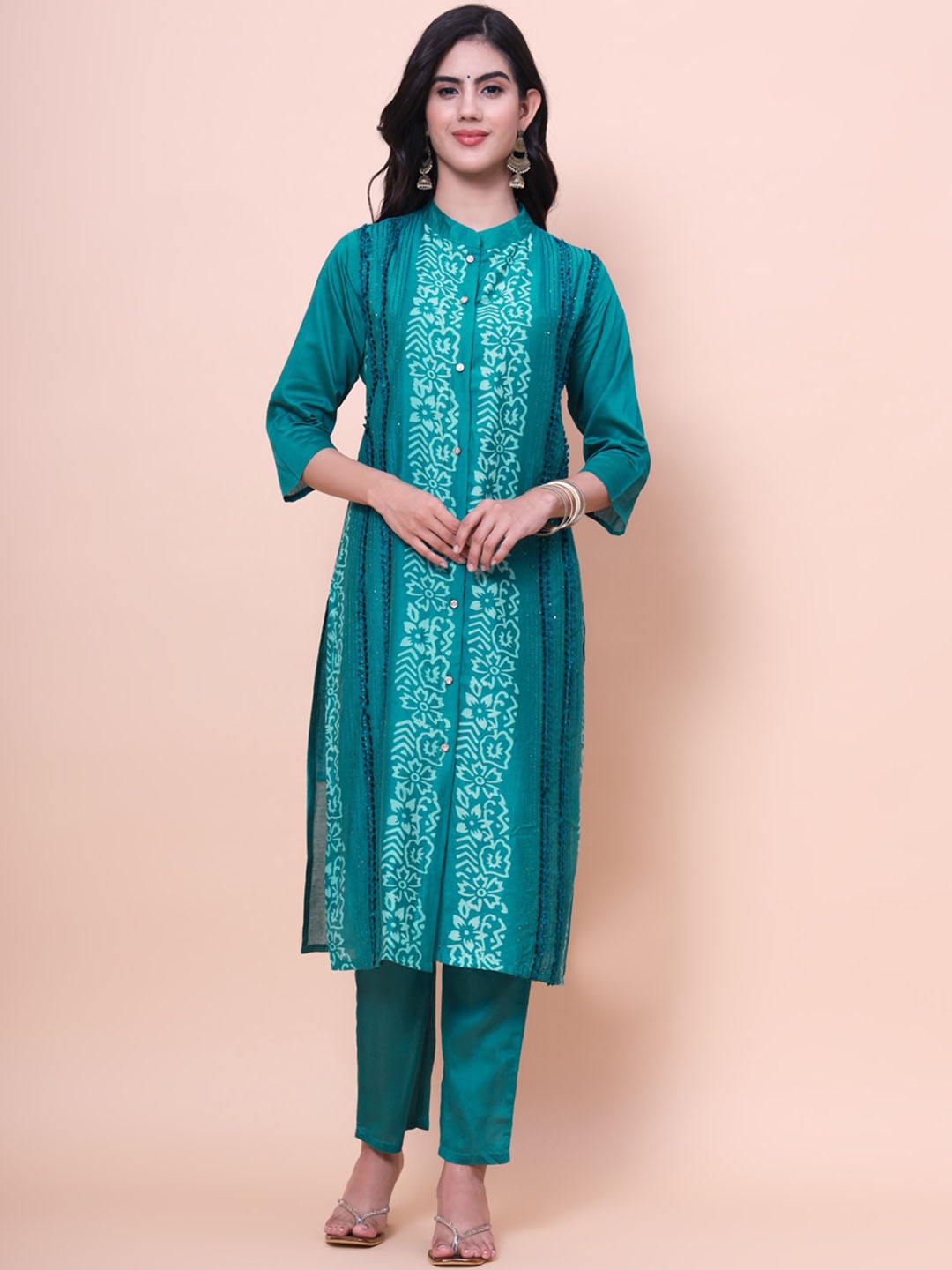 

Sangria Women Teal Floral Embroidered High Slit Liva Kurti with Trousers & With Dupatta