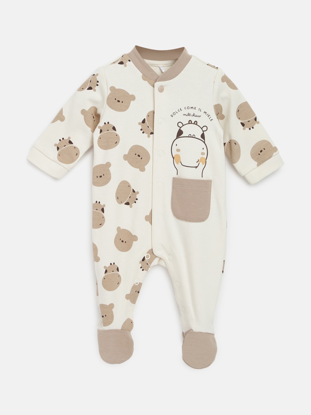 

Chicco Infants Conversational Printed Front Opening Pure Cotton Bodysuit, Off white