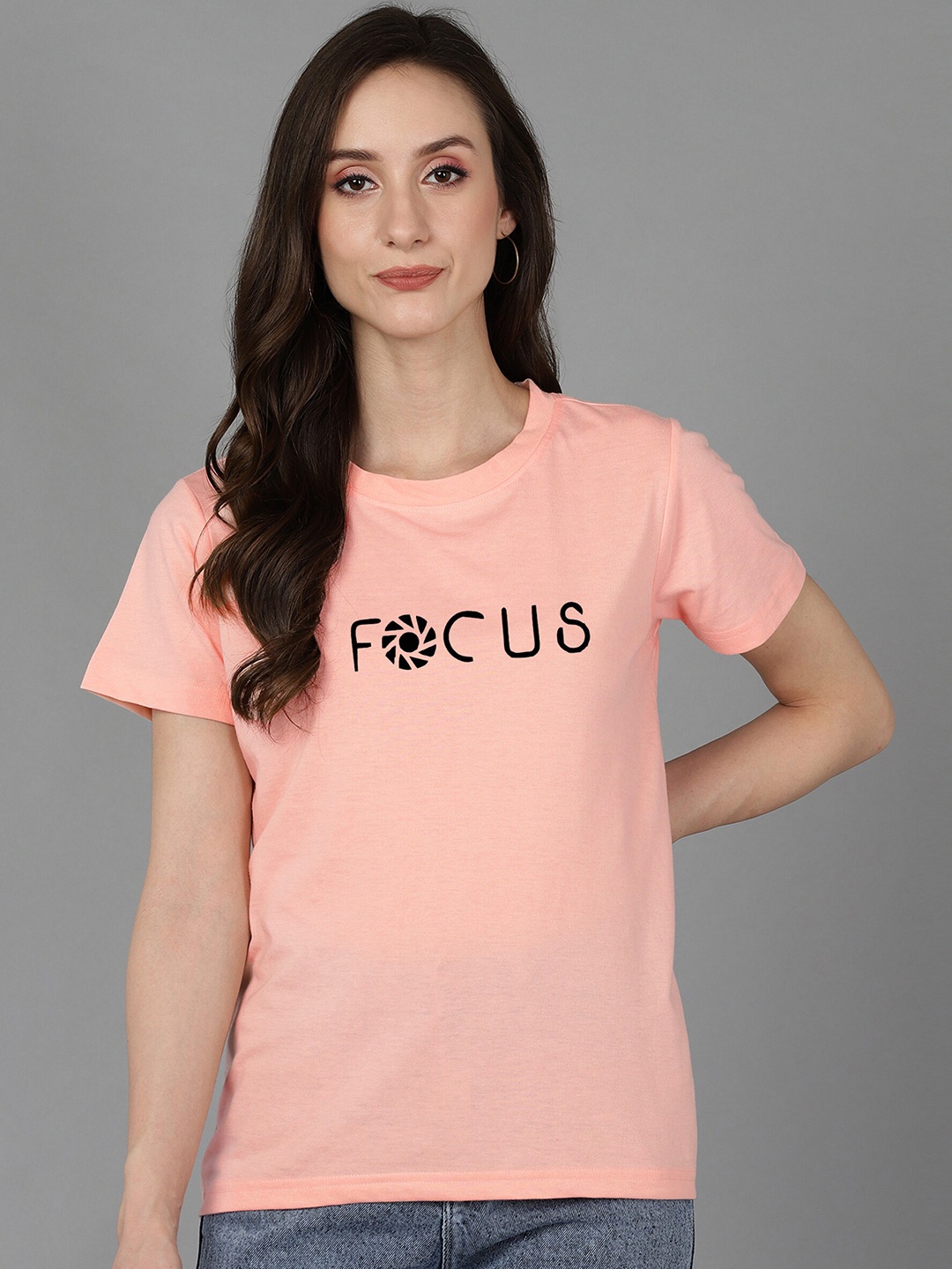 Adyavastram Focus Typography Printed Round Neck Pure Cotton T-shirt, Peach