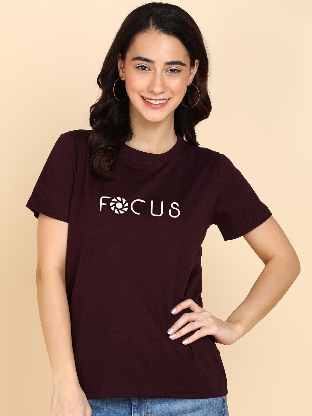 Adyavastram Focus Typography Printed Round Neck Pure Cotton T-shirt, Maroon