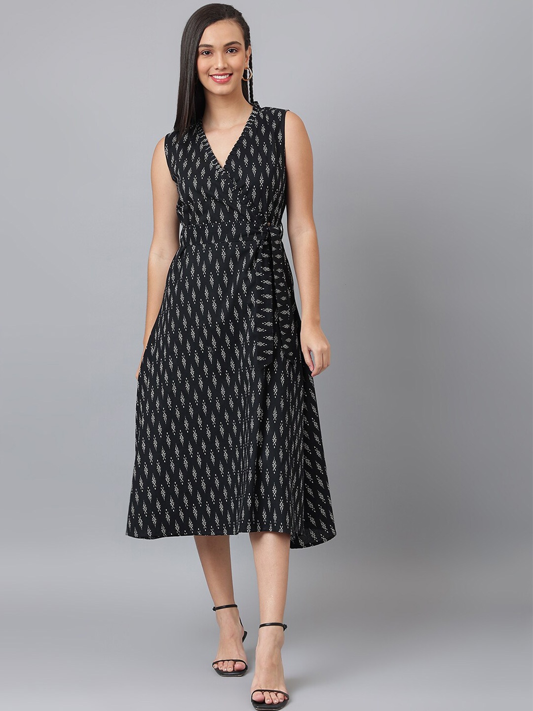 

KALINI V-Neck Ethnic Motifs A-Line Midi Dress, Black