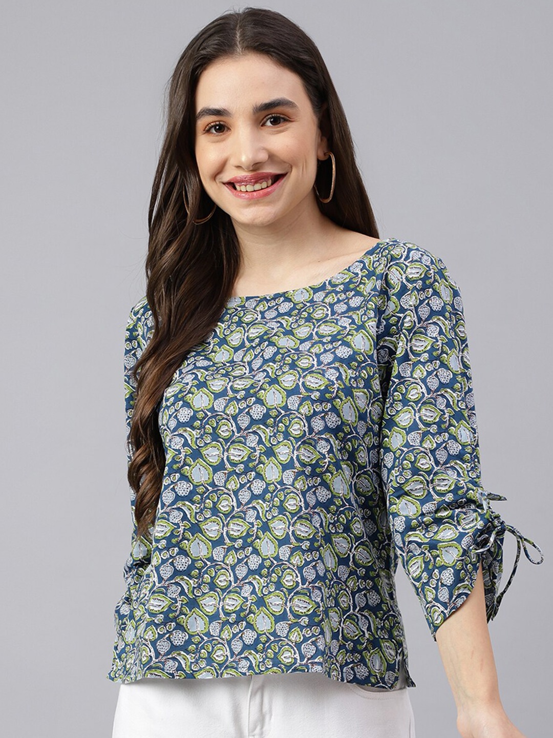 

KALINI Blue Floral Printed Round Neck Cotton Top