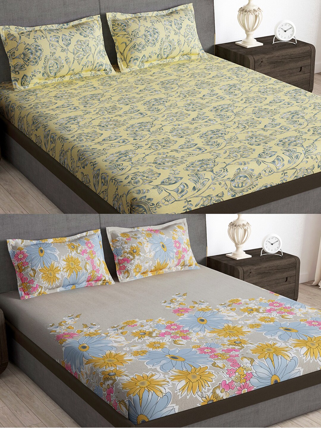 Story@home Arena Green Floral Microfiber 180 TC 2 Pcs Queen Bedsheet & 4 Pillow Covers, Peach