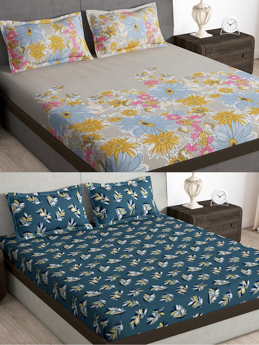 

Story@home Arena Beige & Blue Floral Microfiber 180 TC 2 Queen Bedsheet & 4 Pillow Covers