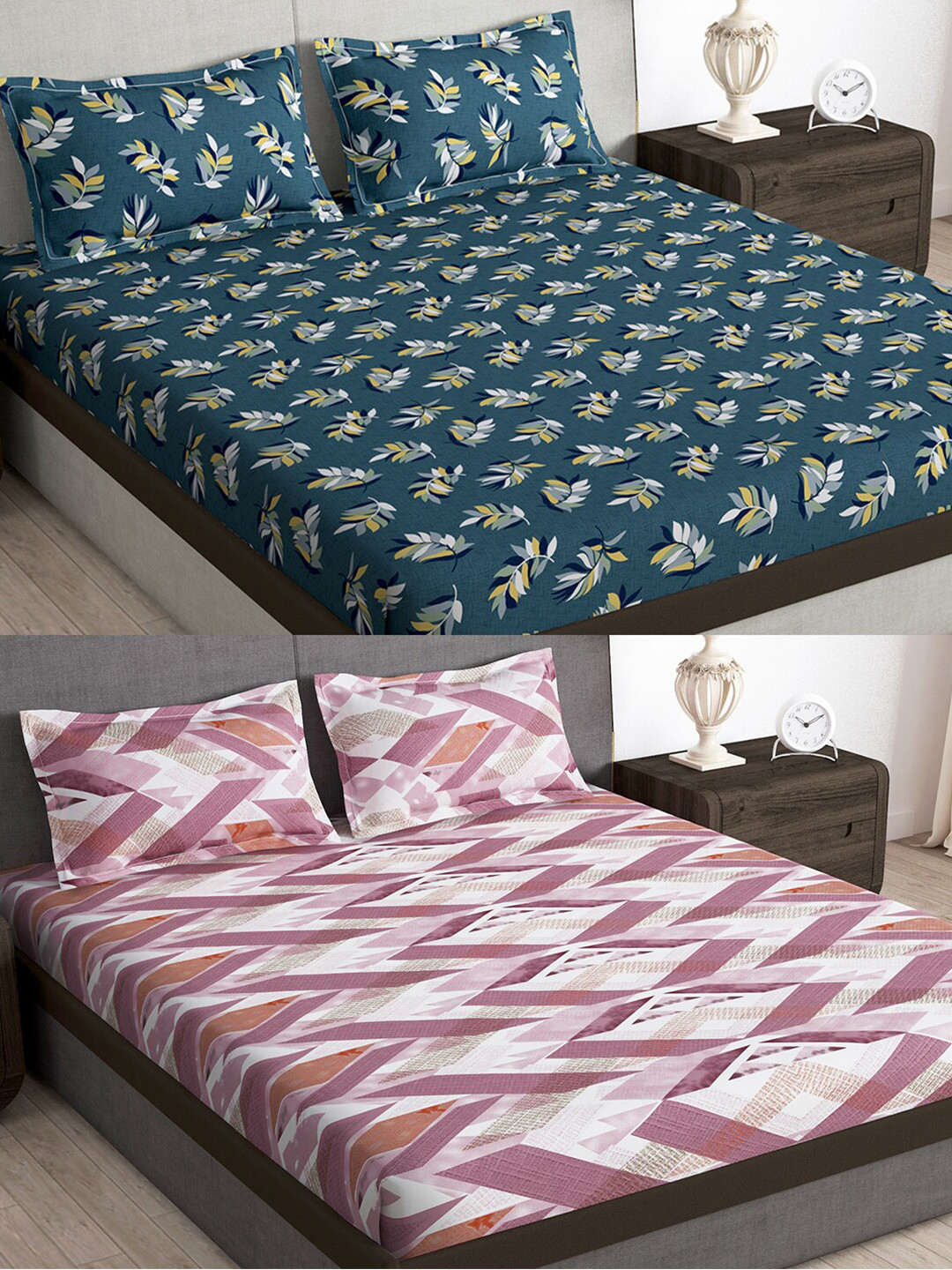 

Story@home Blue & Peach-Coloured Floral 180 TC 2 Queen Bedsheet with 4 Pillow Covers