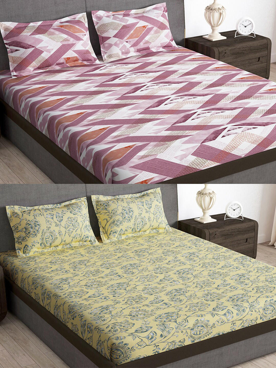 

Story@home Pink & Green Geometric 180 TC 2 Queen Bedsheet with 4 Pillow Covers