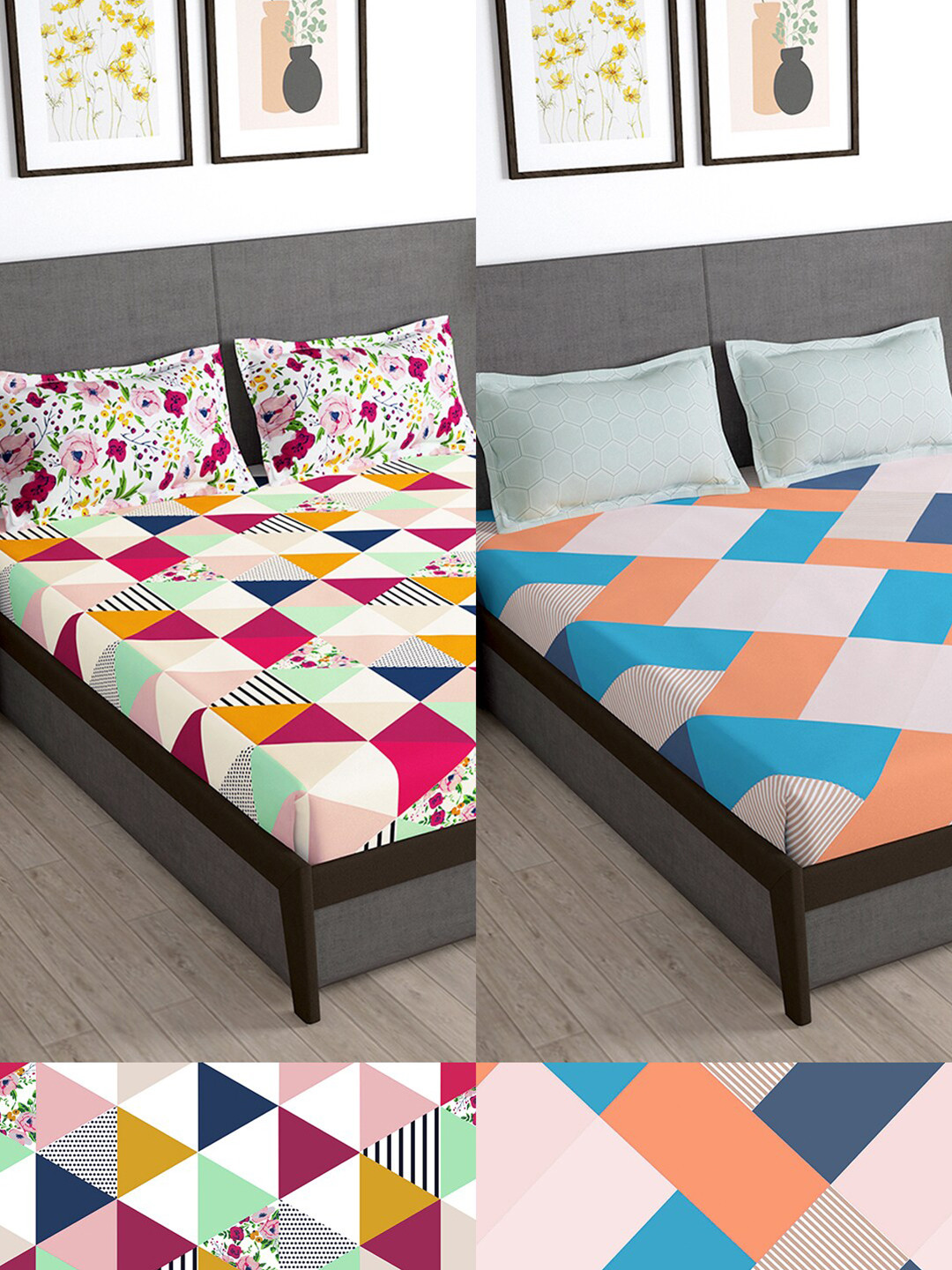 

Story@home Arena Beige & Blue Geometric 180 TC 2 Queen Bedsheet with 4 Pillow Covers