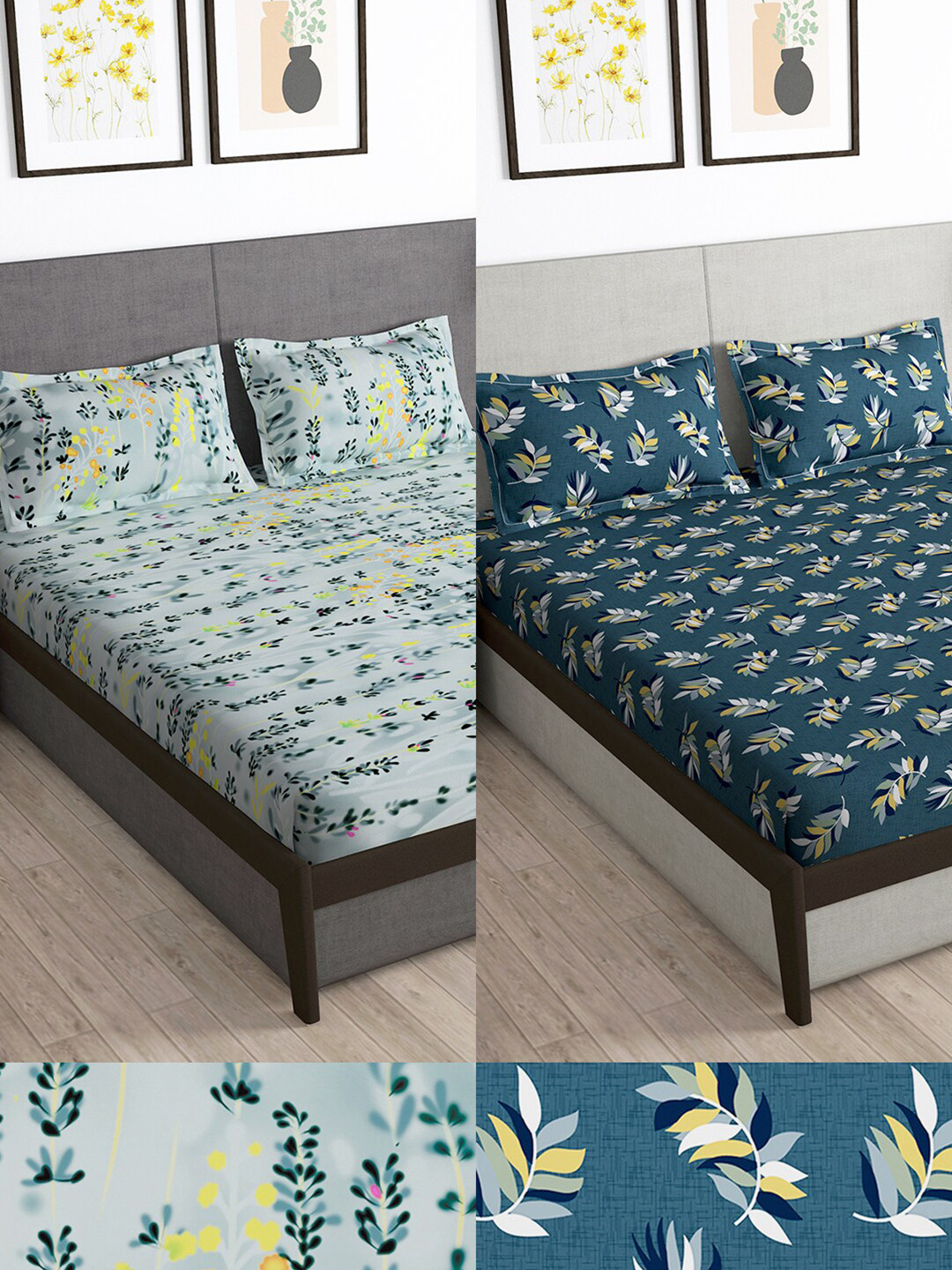

Story@home Arena Teal & Yellow Floral 180 TC 2 Queen Bedsheet with 4 Pillow Covers
