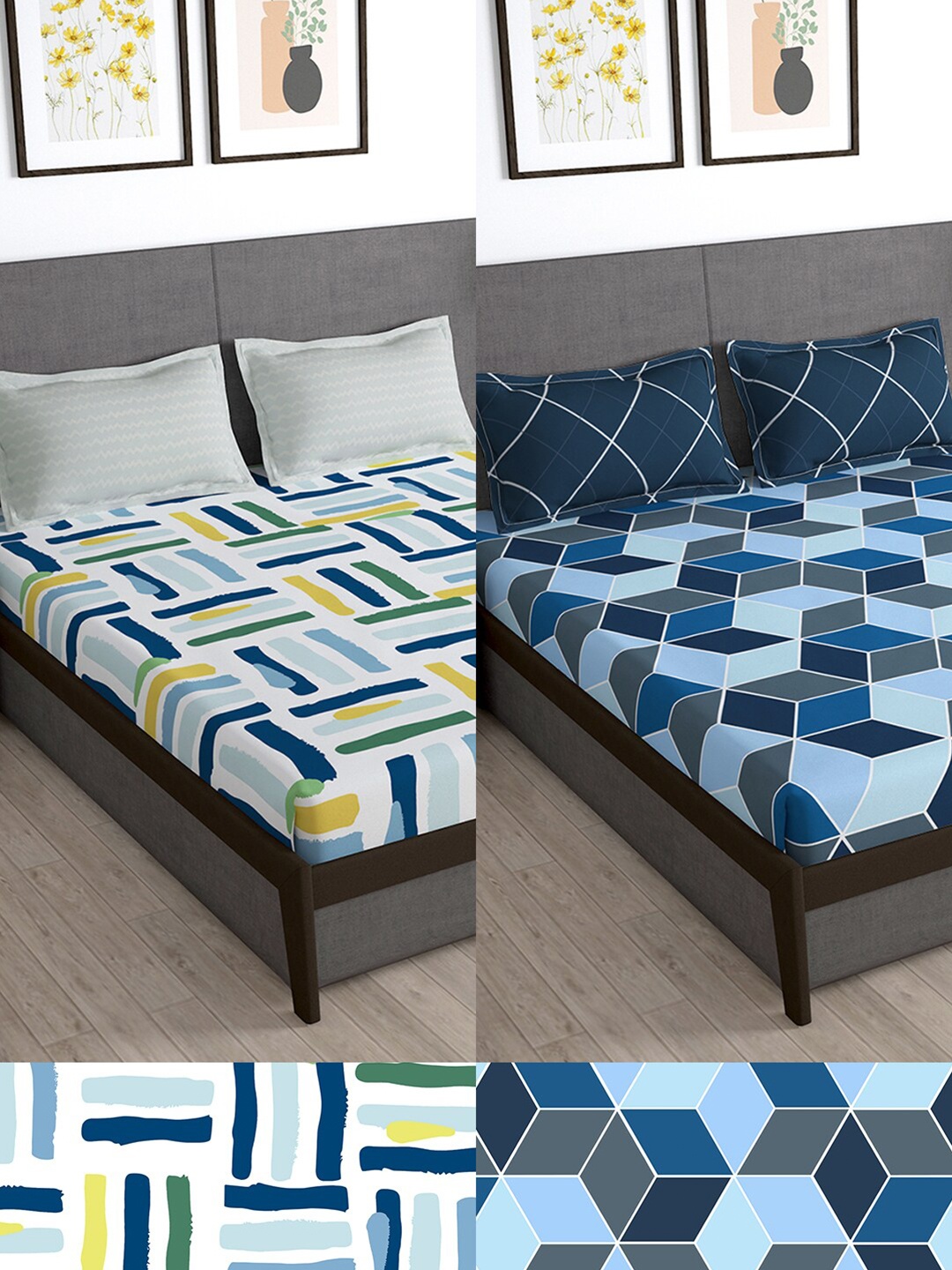 

Story@home Arena White & Blue Geometric 180 TC 2 Queen Bedsheet with 4 Pillow Covers