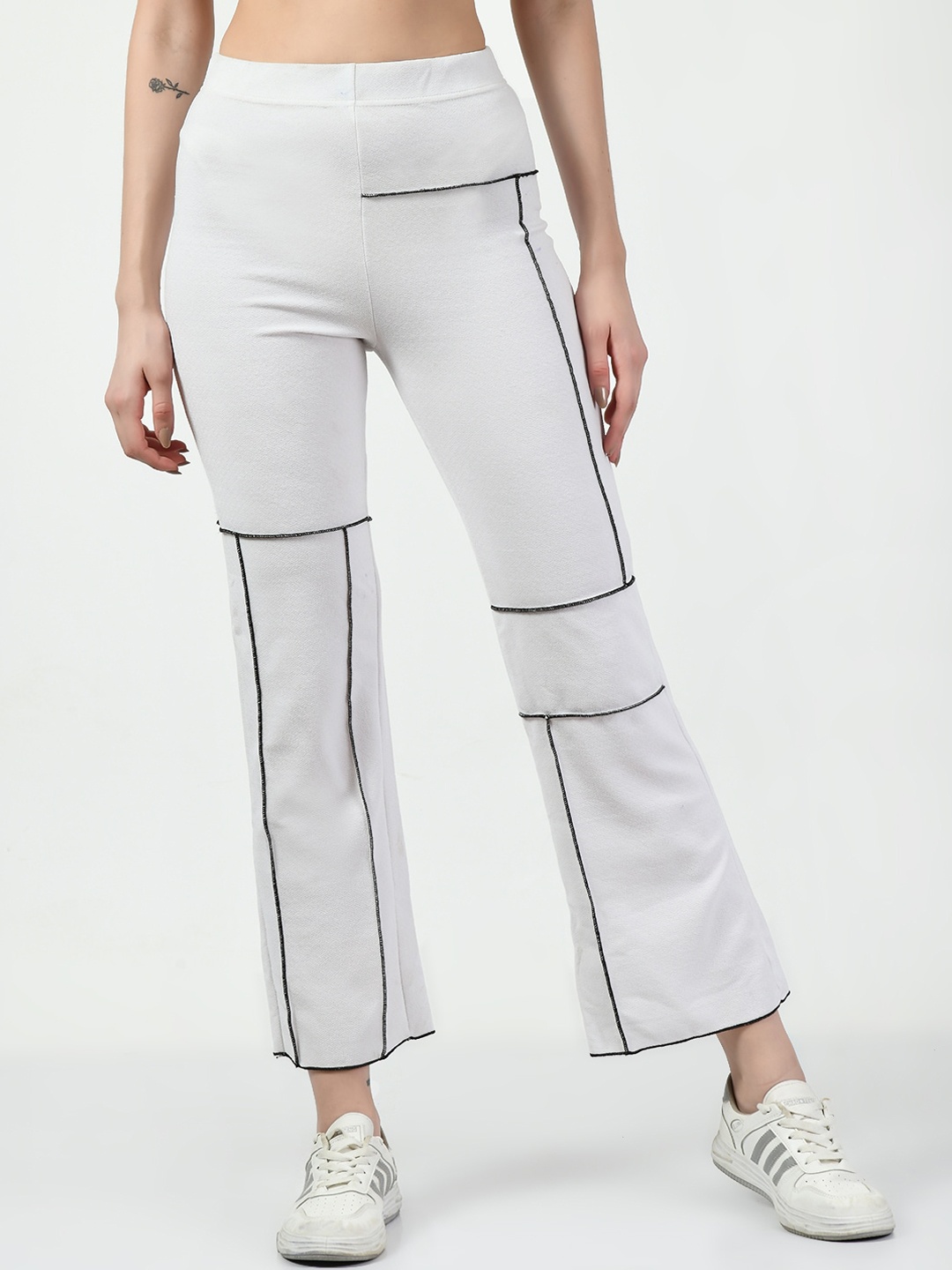 

CLAFOUTIS Women Smart Flared Striped High-Rise Regular Trousers, White