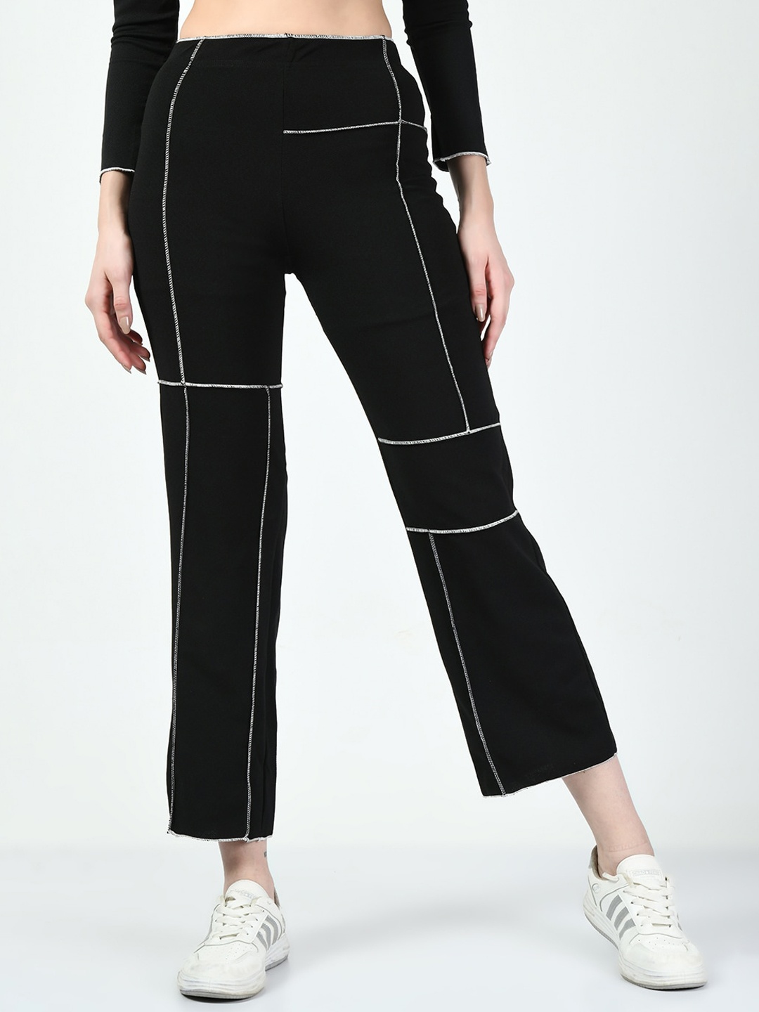 

CLAFOUTIS Women Smart Striped High-Rise Regular Trousers, Black