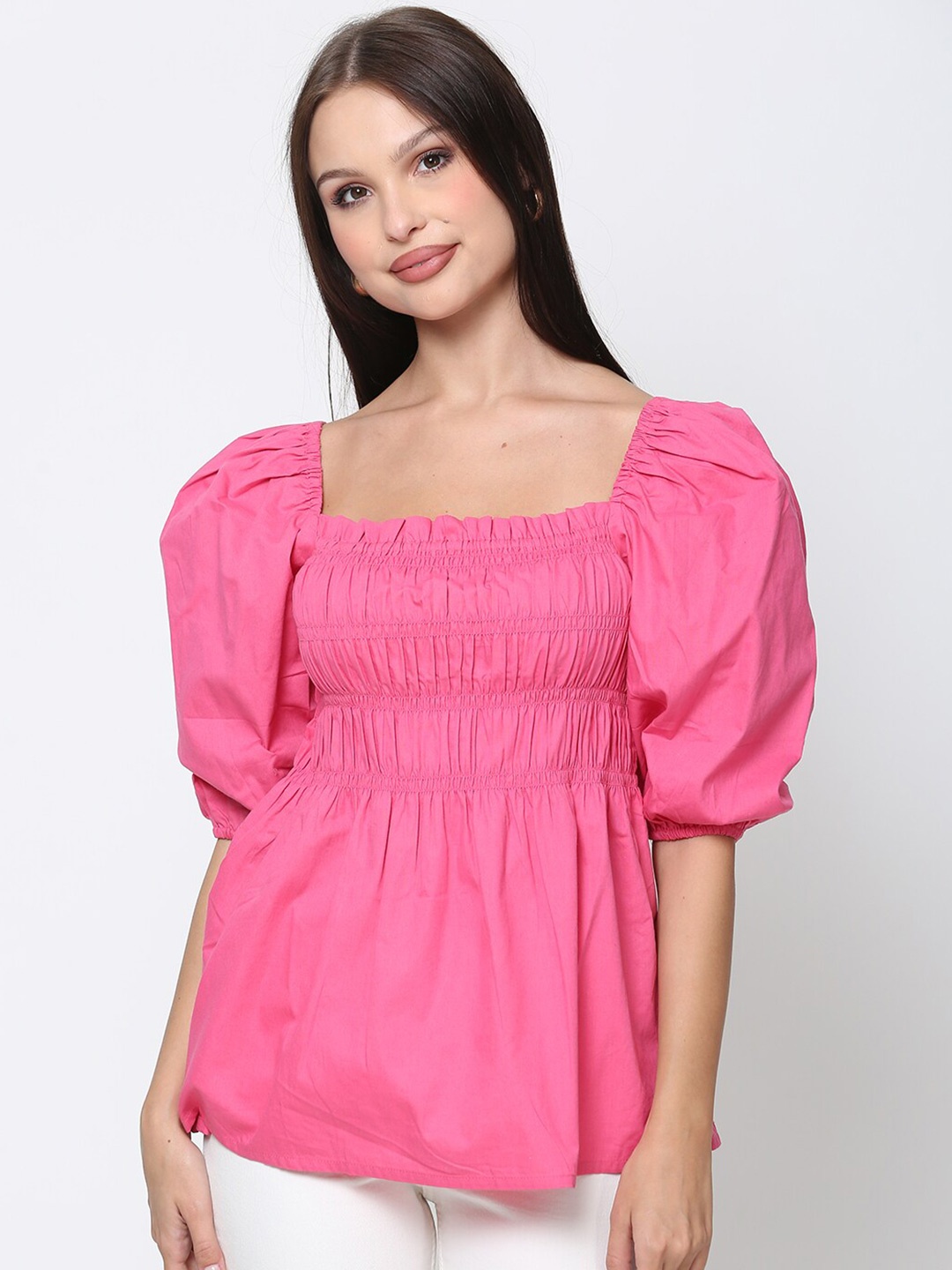 

DRIRO Smocked Detailed Square Neck Puff Sleeve Pure Cotton Empire Top, Pink