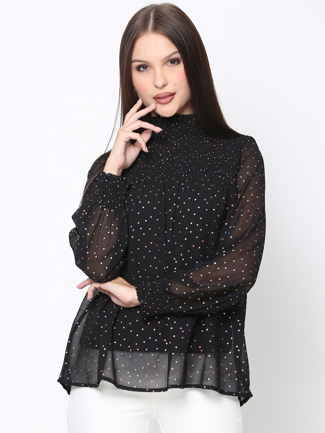 

DRIRO Polka Dots Printed Smocked Detailed High Neck Cuffed Sleeves Top, Black