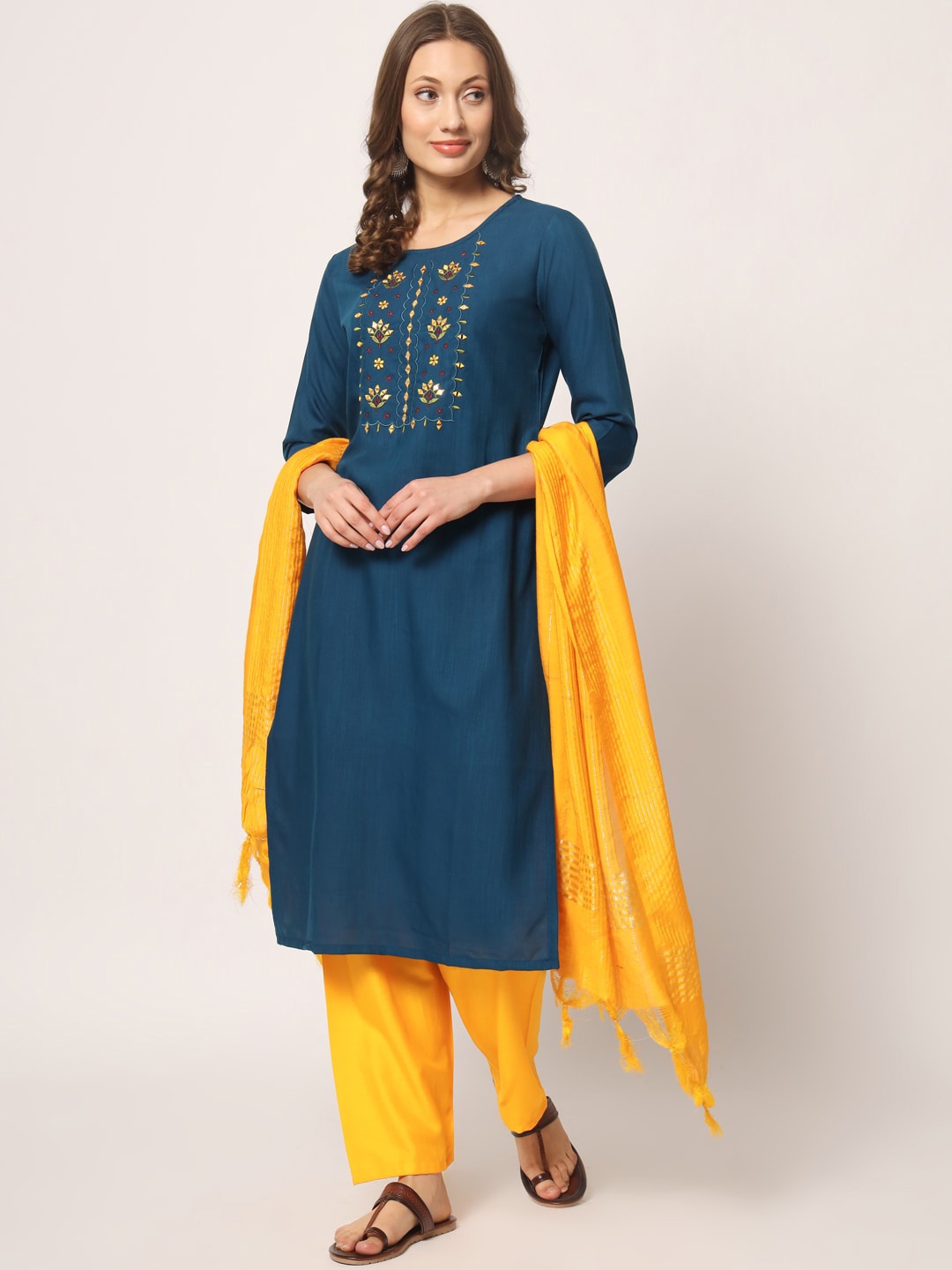 

KALINI Floral Yoke Design Thread Work Kurta With Palazzos & Dupatta, Blue