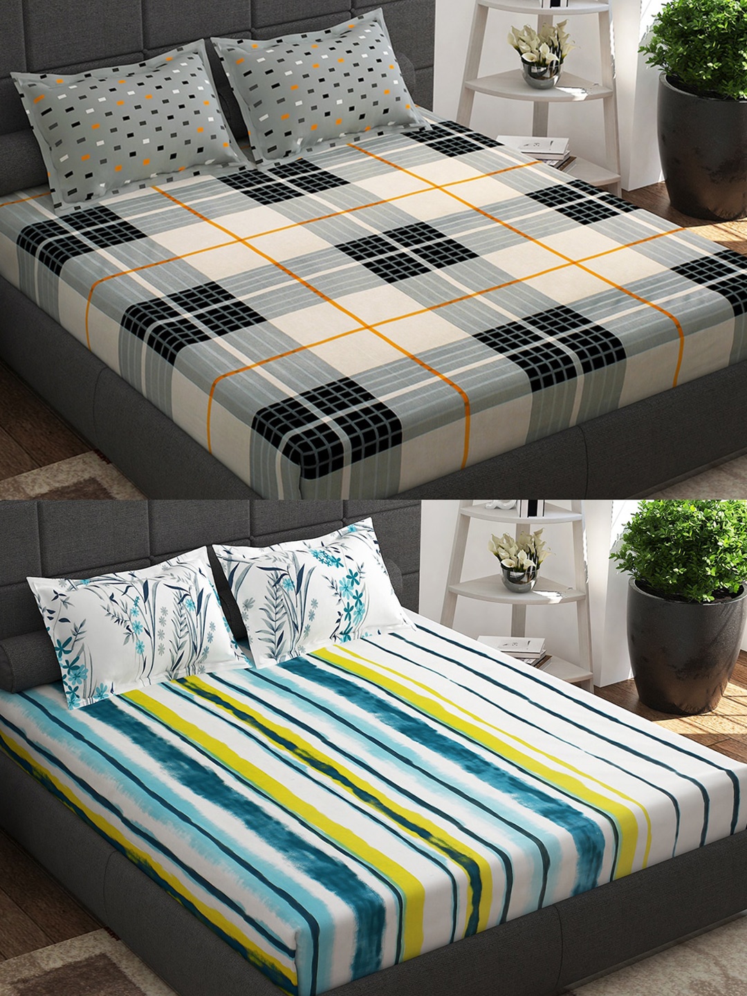 

Story@home Ventura Grey Printed Cotton 152 TC 2 Queen Bedsheet With 4 Pillow Covers