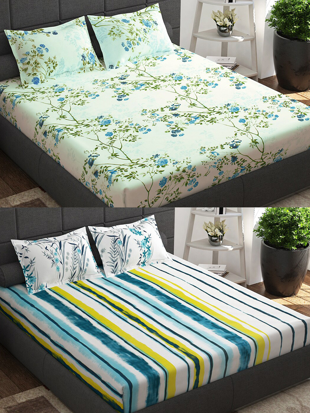 

Story@home Ventura Blue & Green Floral 152 TC 2 Queen Bedsheet with 4 Pillow Covers