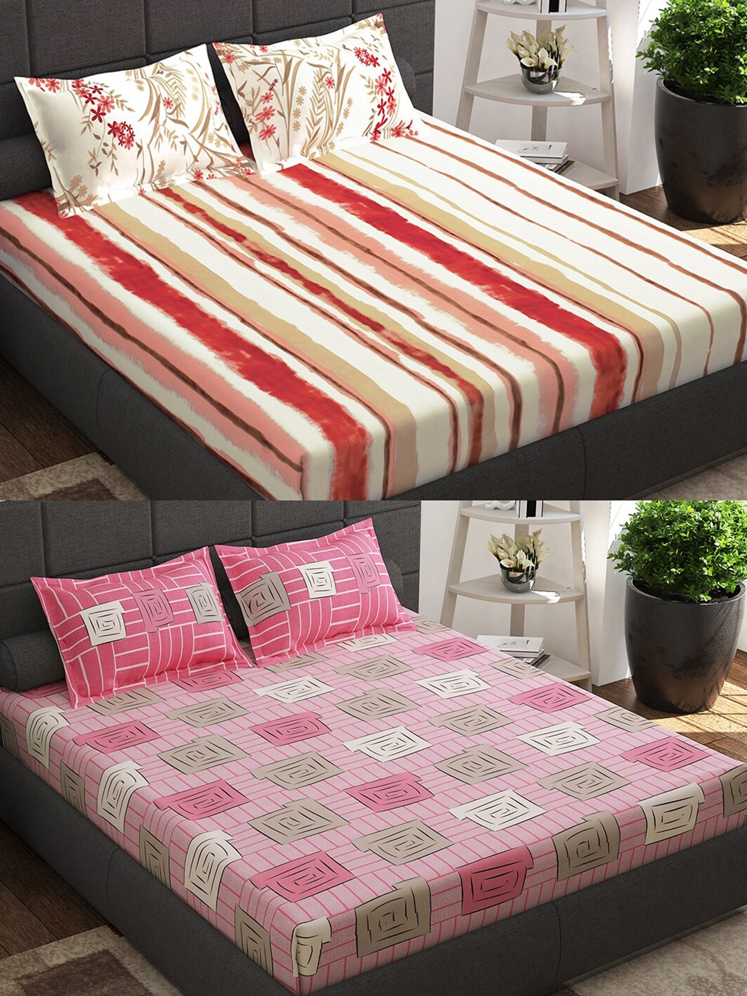 

Story@home Off White & Pink Geometric Cotton 152 TC 2 Queen Bedsheet with 4 Pillow Covers