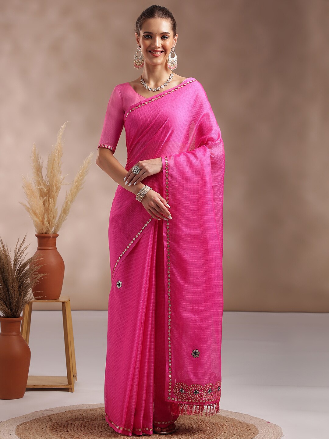 

Saree mall Embellished Embroidered Art Silk Saree, Pink