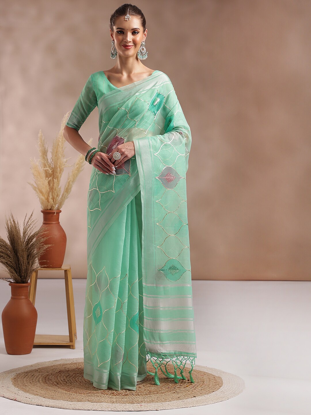 

Saree mall Sea Green & Pink Ethnic Motifs Printed Gotta Patti Saree