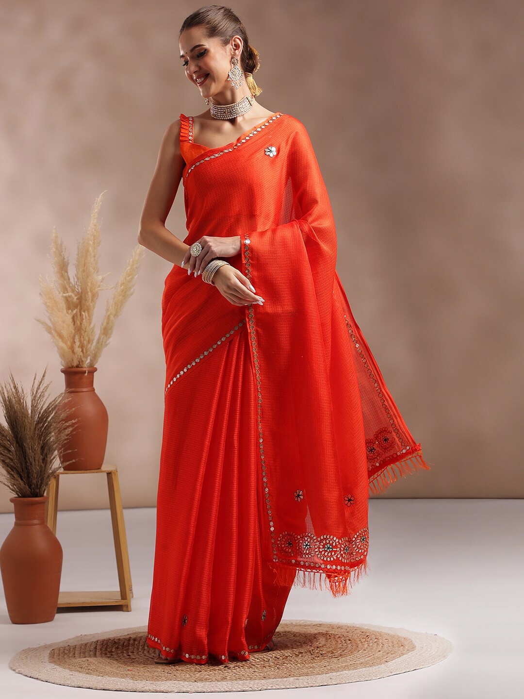

Saree mall Mirror Work Embellished Sarees, Orange