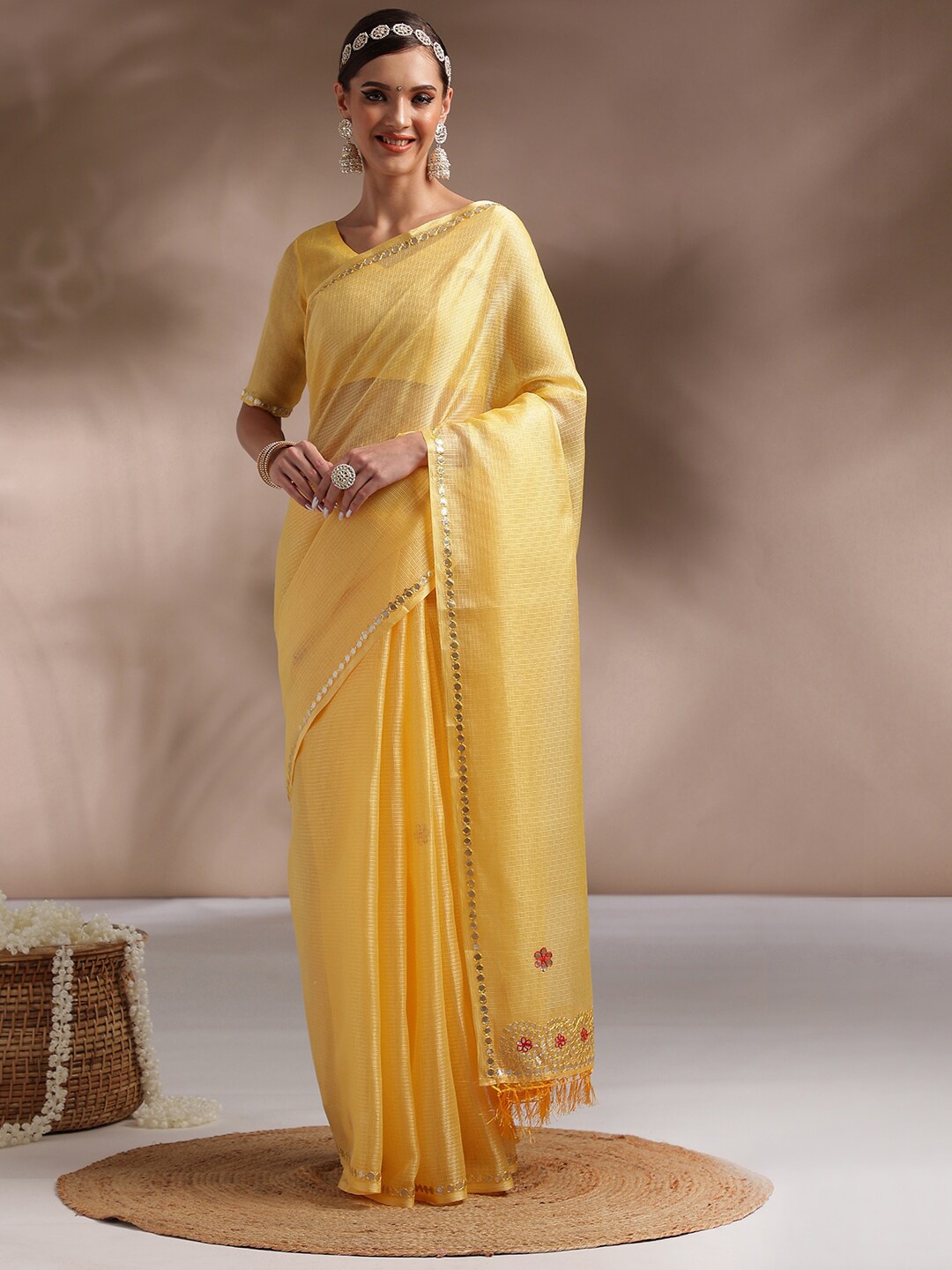 

Saree mall Yellow & Silver-Toned Woven Design Mirror Work Art Silk Saree