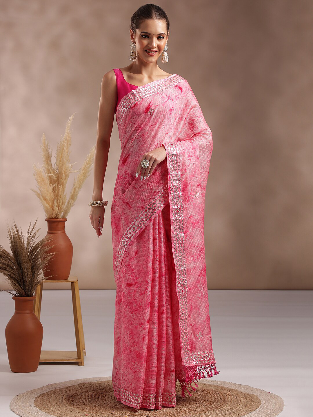 

Saree mall Tie and Dye Embroidered Art Silk Saree, Pink