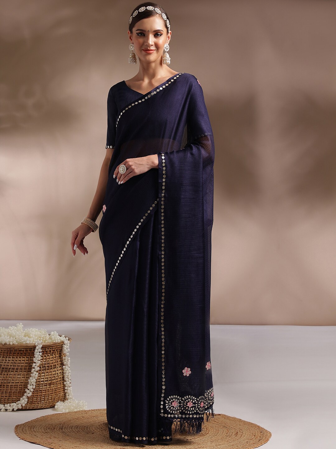 

Saree mall Floral Embroidered Art Silk Sarees, Navy blue