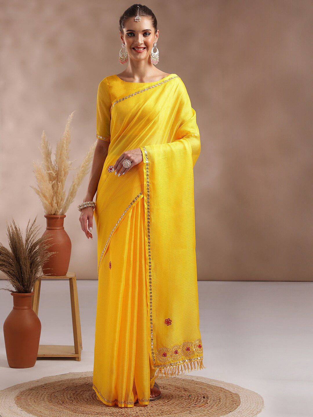 

Saree mall Woven Gotta Patti Art Silk Saree, Yellow