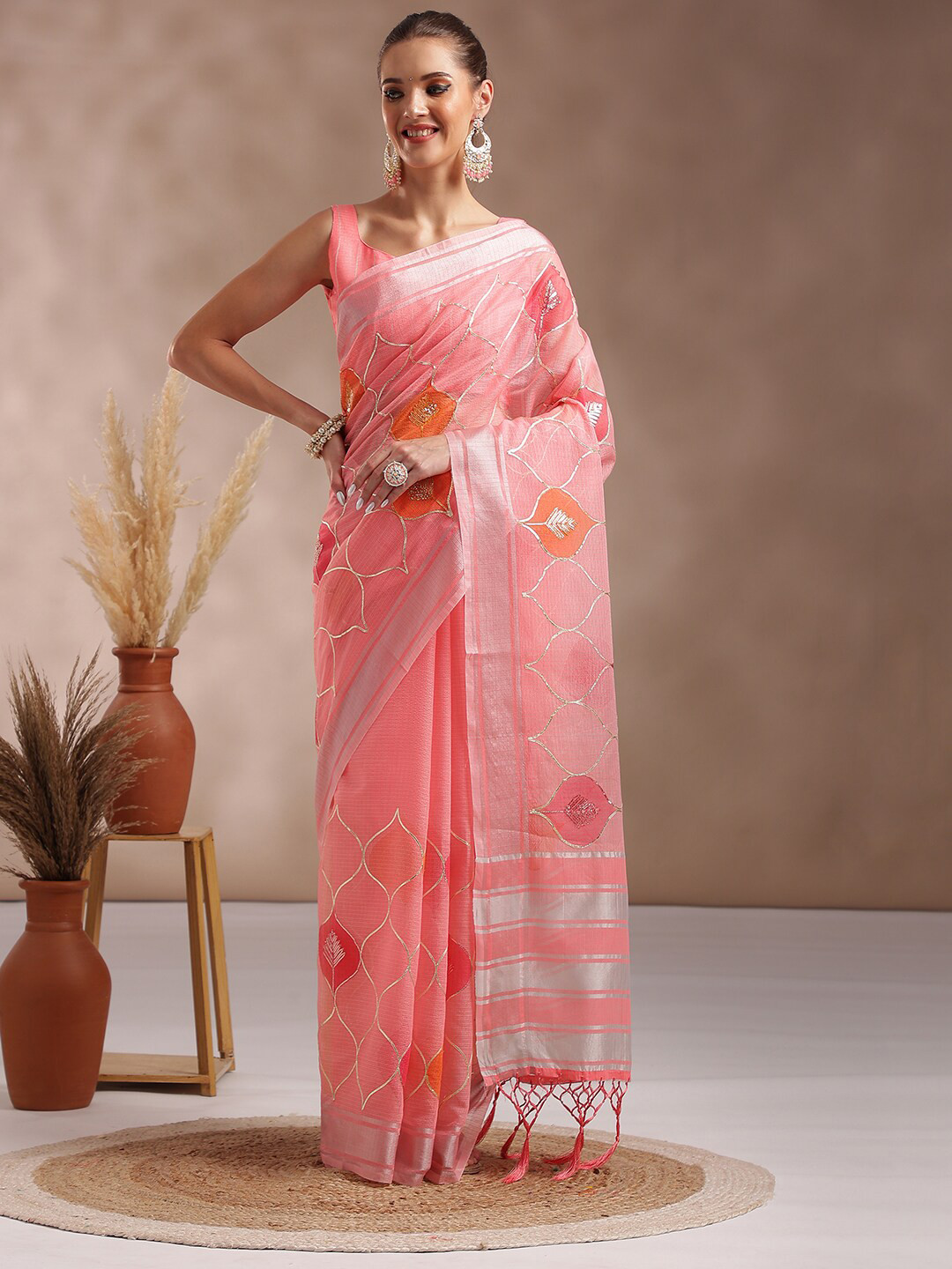 

Saree mall Pink & Orange Ethnic Motifs Printed Gotta Patti Saree