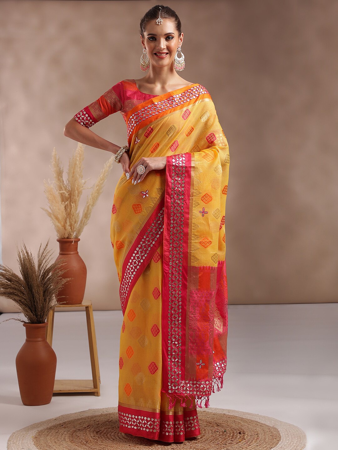 

Saree mall Ethnic Motifs Woven Design Zari Sarees, Yellow