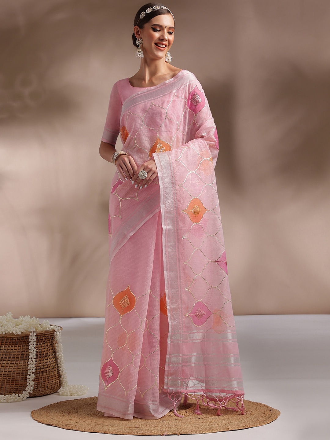 

Saree mall Pink & Orange Ethnic Motifs Printed Gotta Patti Saree