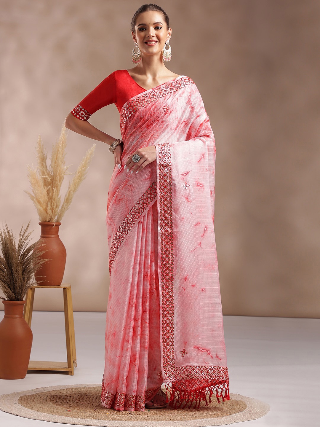 

Saree mall Pink & Red Tie and Dye Mirror Work Saree