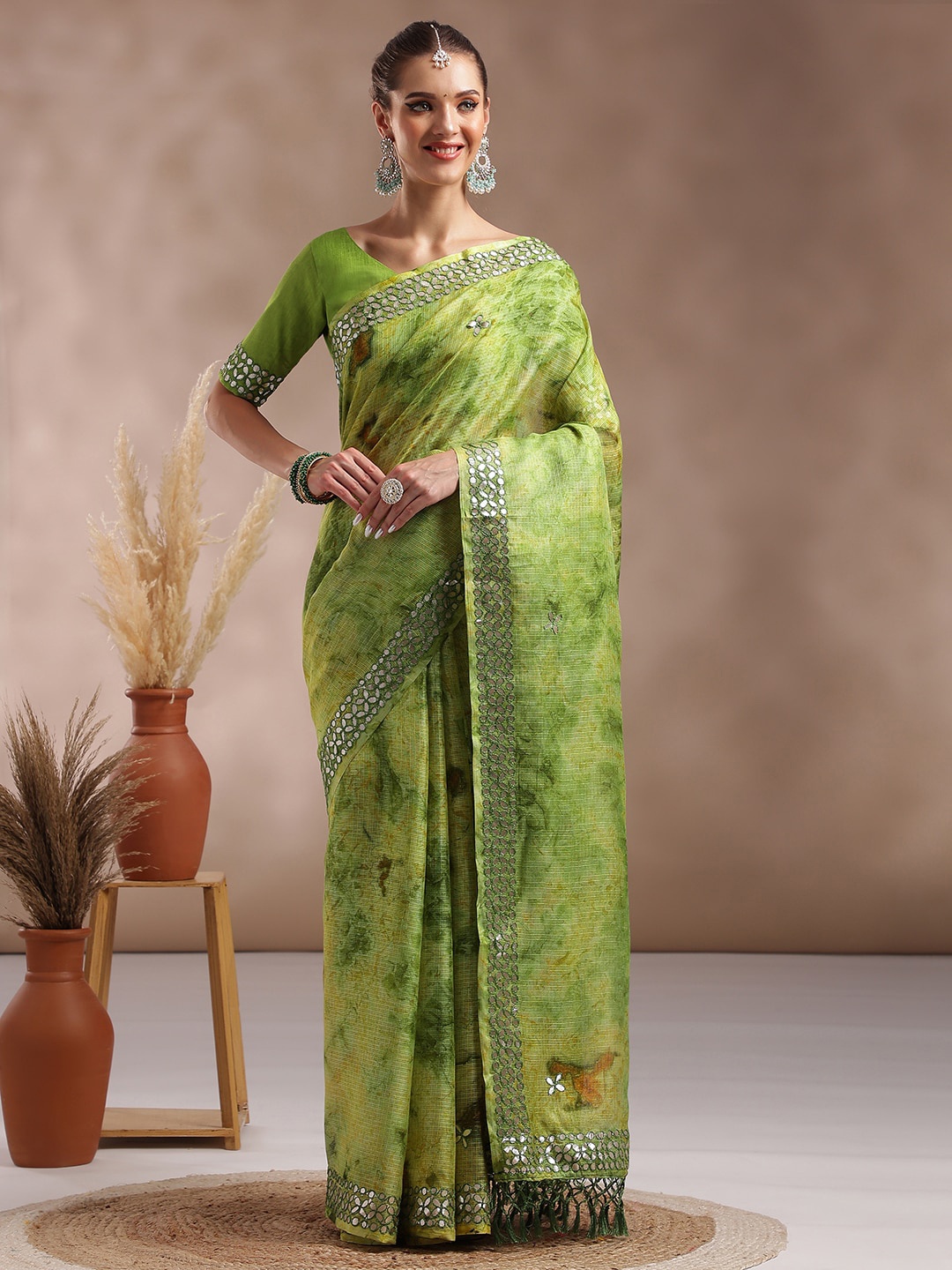 

Saree mall Tie And Dyed Mirror Work Sarees, Green