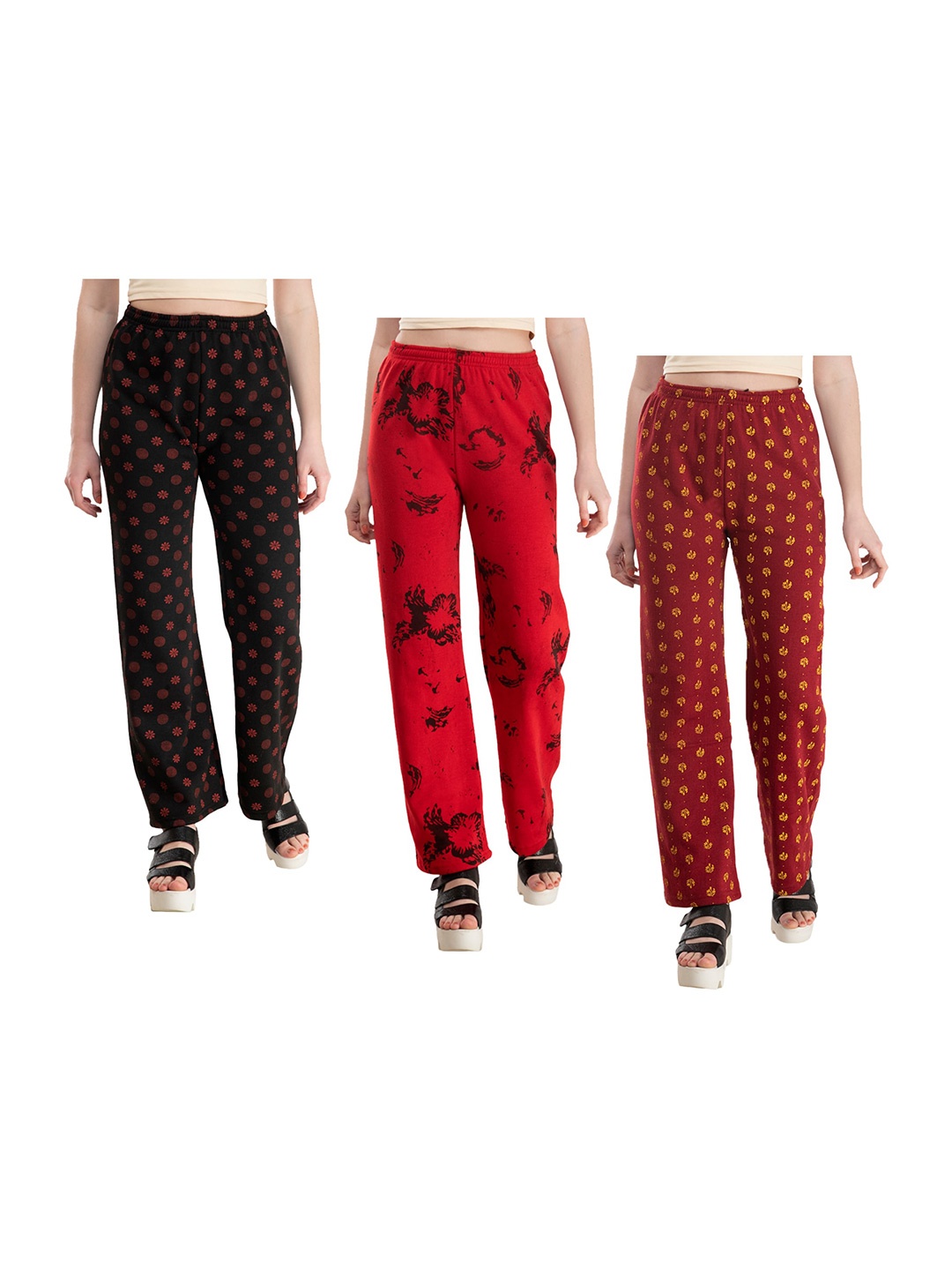 

IndiWeaves Women Pack Of 3 Floral Printed Knitted Palazzos, Red