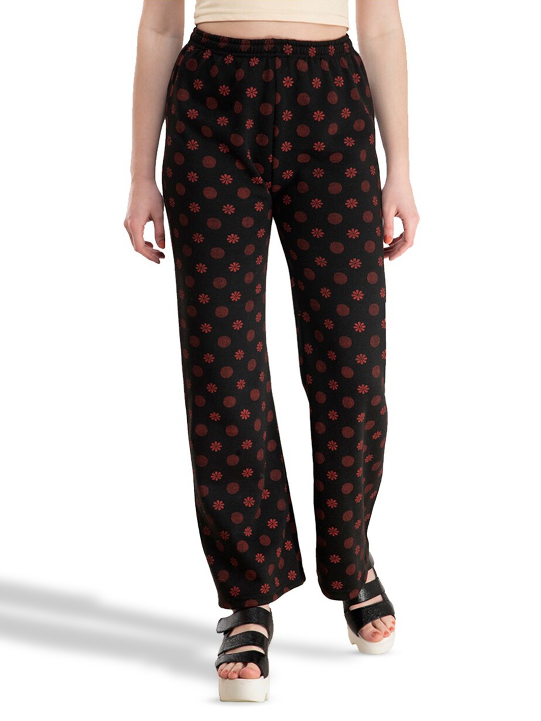 

IndiWeaves Pack of 3 Polka Dot Printed Acrylic Straight Fit Palazzos, Black