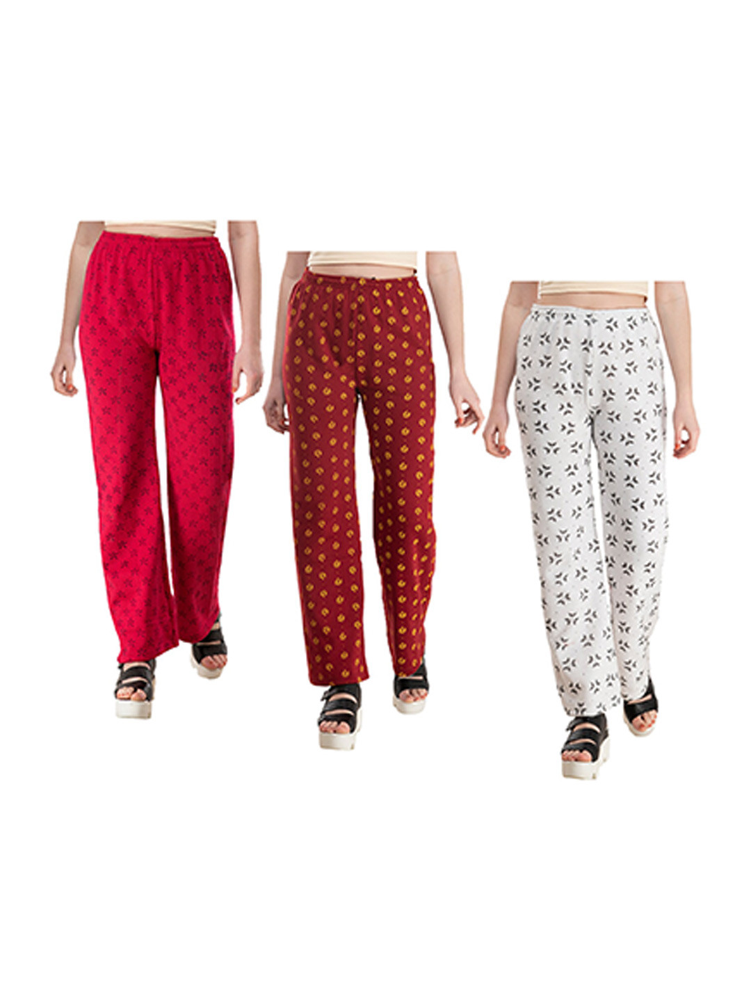 

IndiWeaves Women Pack Of 3 Floral Printed Knitted Palazzos, Red