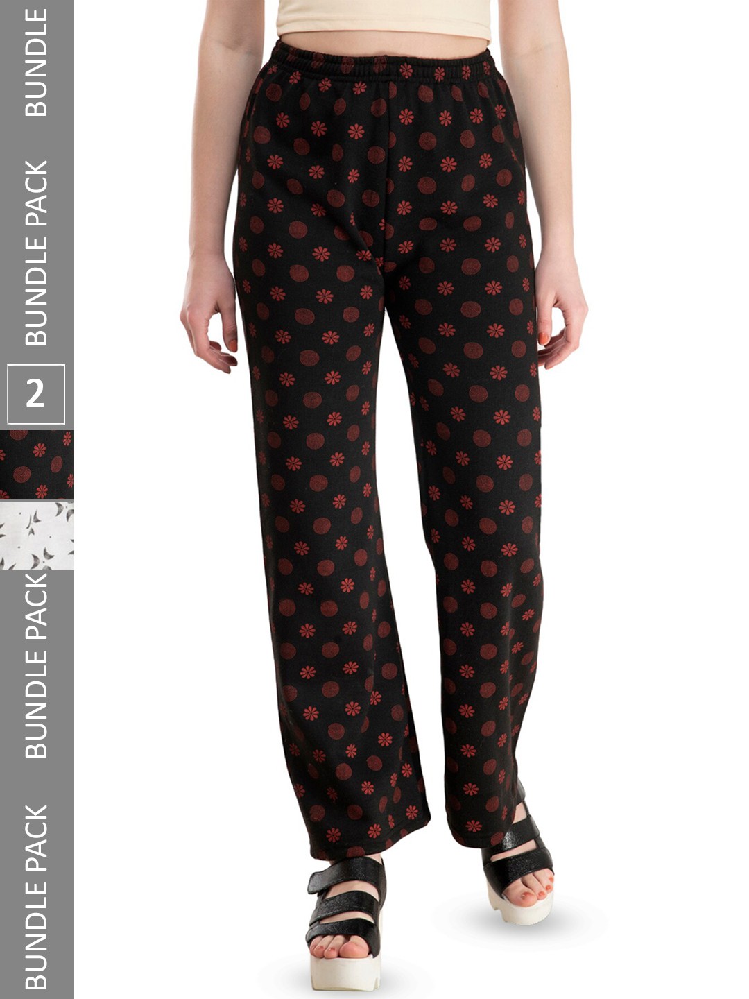 

IndiWeaves Women Pack Of 2 Floral Printed Knitted Palazzos, Black