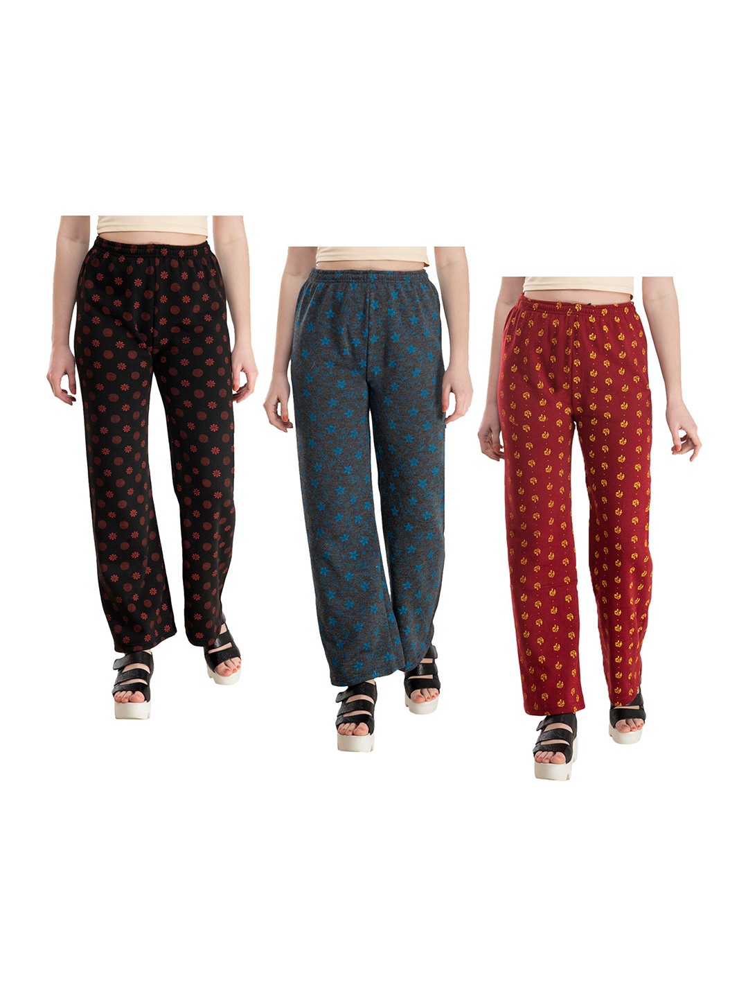 

IndiWeaves Women Pack Of 3 Floral Printed Straight Acrylic Palazzos, Red